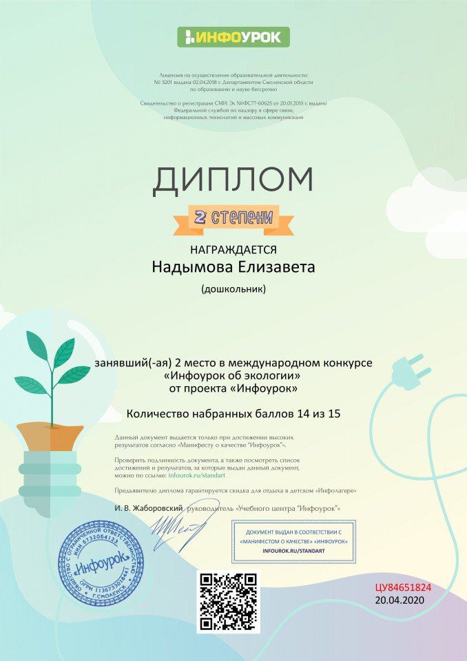 Диплом проекта infourok.ru №ЦУ84651824